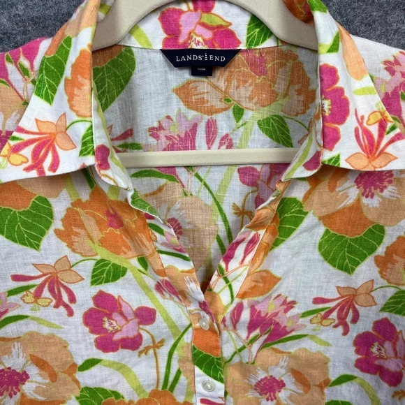 Lands End Tropical Linen Shirt Womens‎ Size 12 Floral Short Sleeve Button Up - Picture 2 of 10